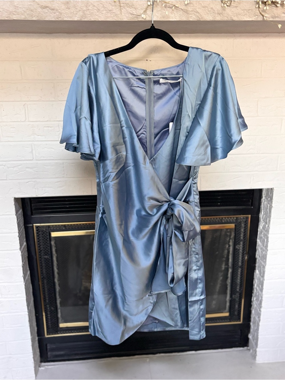 Satin Wrap Mini Dress with Tie in Dusty Blue